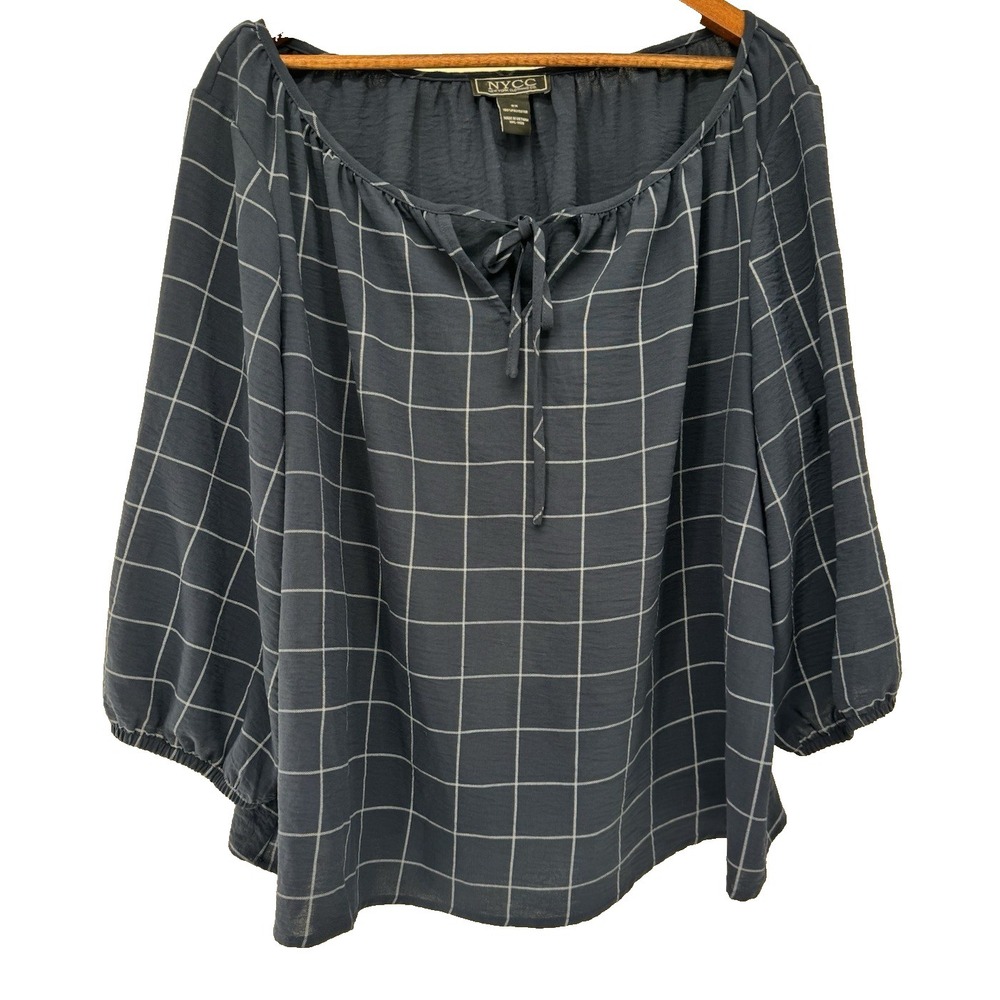 NYCC Plus 2X Blue Windowpane Neck Tie‎ Blouse peasant balloon sleeve career